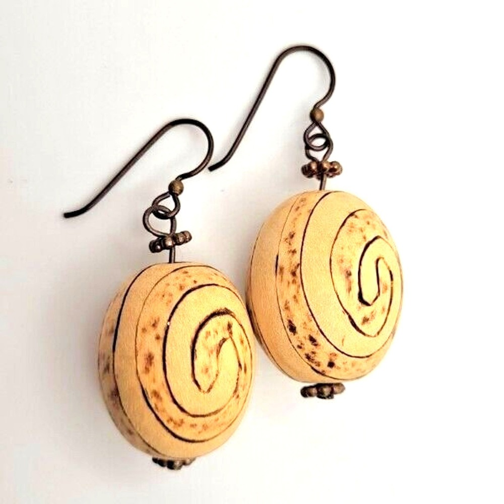 Large Wooden Bead Handmade Woodburned Dangle Earrings on Bronzetone Hooks 2"